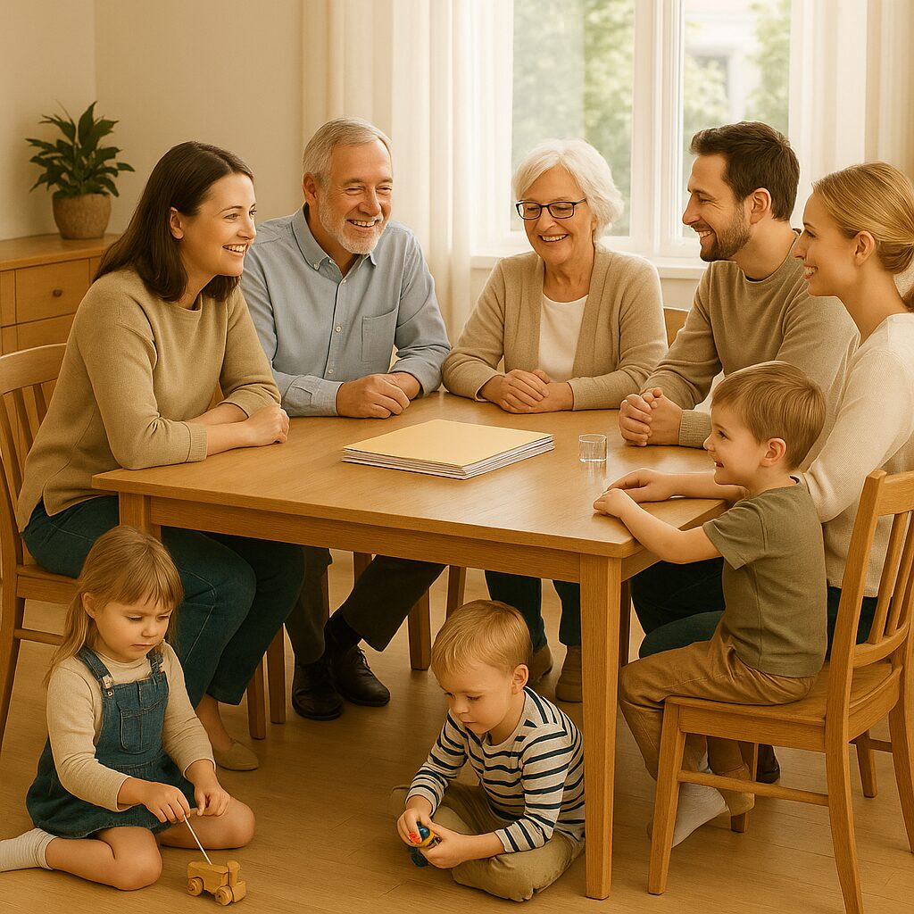 Família de três gerações com avós, pais e filhos reunidos, simbolizando a proteção e planejamento sucessório do legado familiar