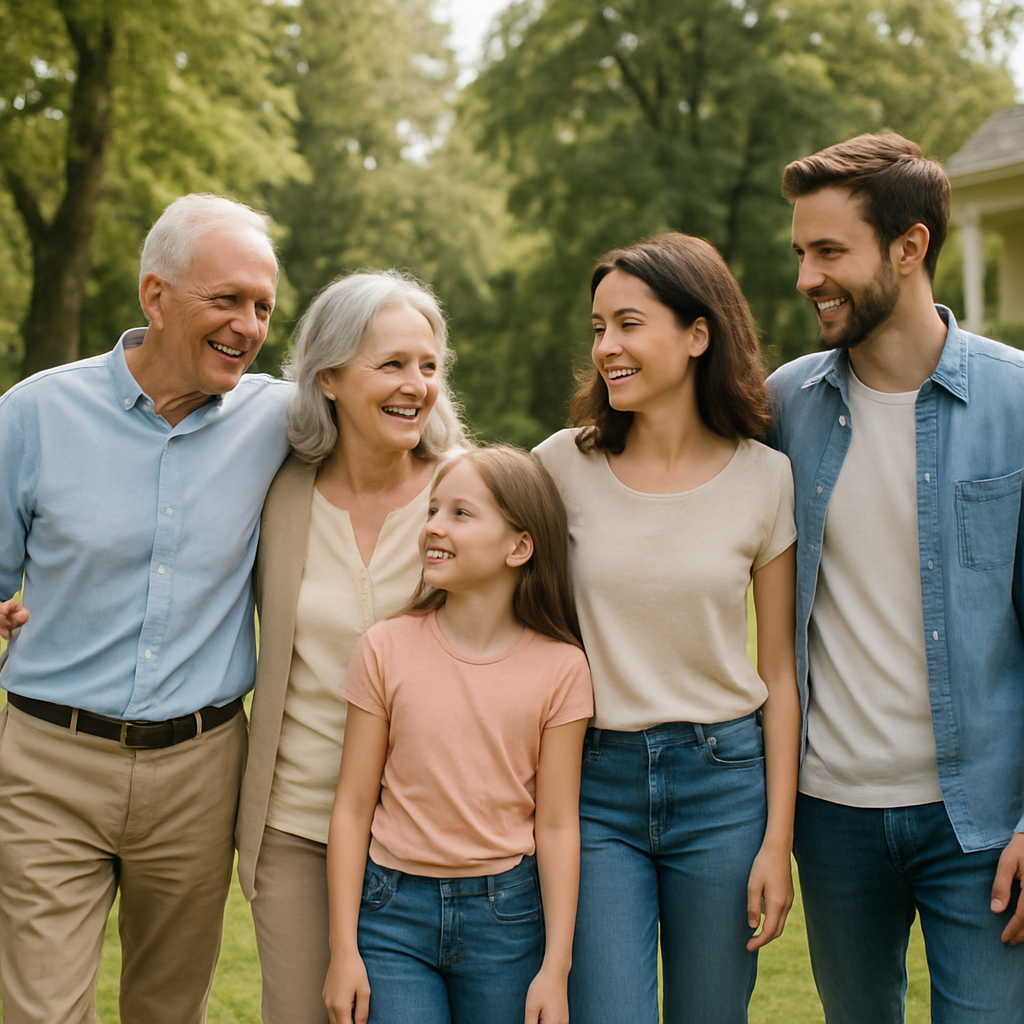 Família feliz e unida, desfrutando da tranquilidade e segurança financeira proporcionadas pelo planejamento sucessório